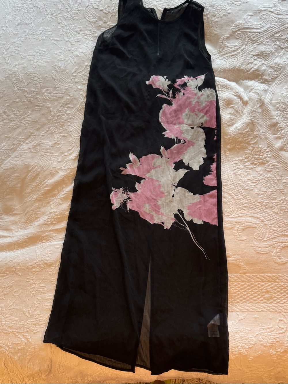 Black Sleeveless Sheer Maxi Dress with Pink Floral Print